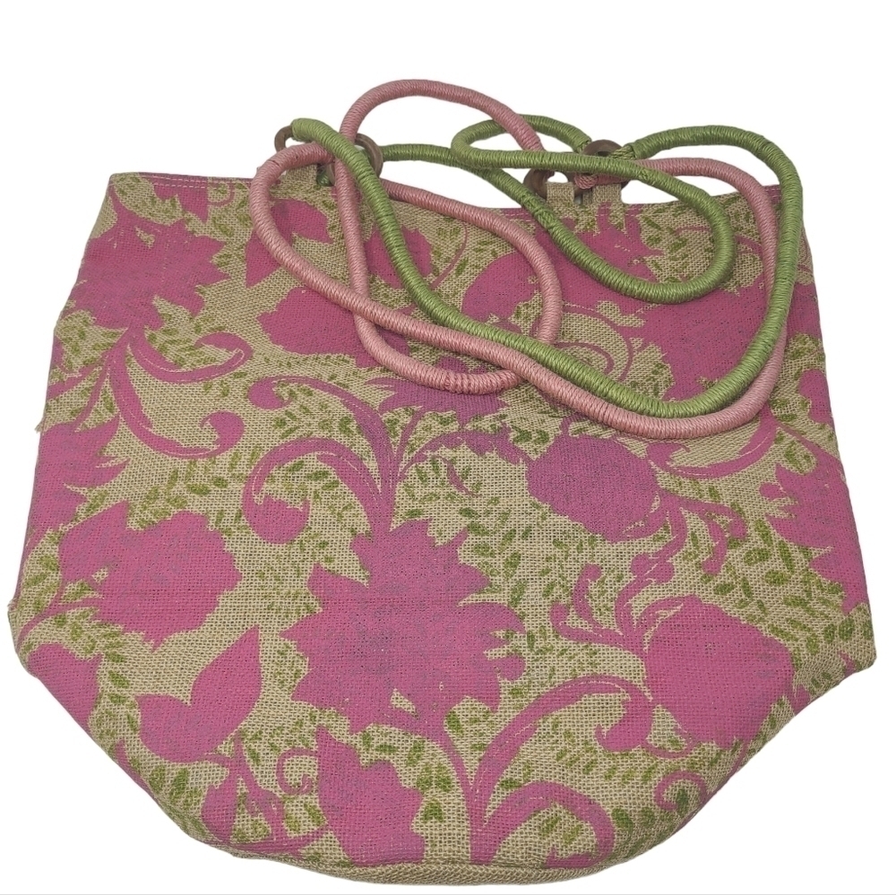 Earth Accessories | Pink & Green Double Strap Tote Satchel Bag (One Size)